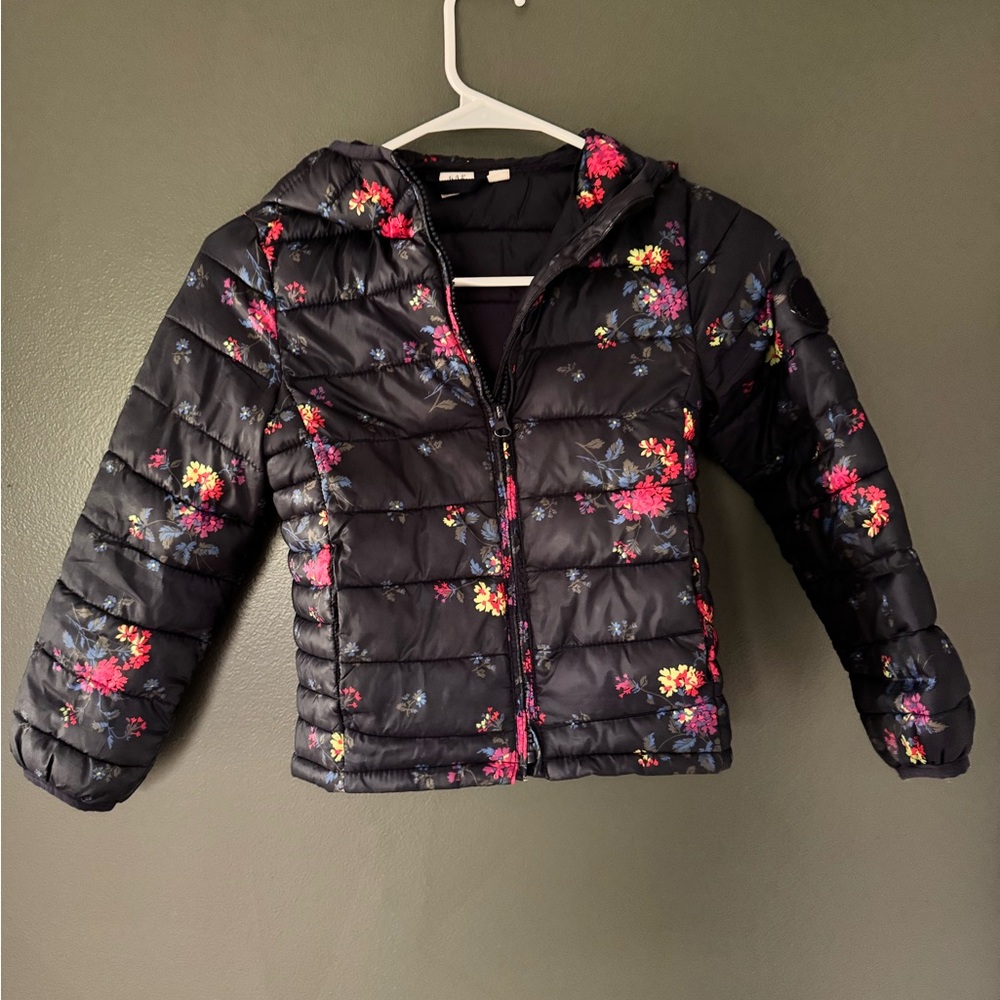 GAP Girls' Black Hooded Puffer Jacket with Pink Floral Print